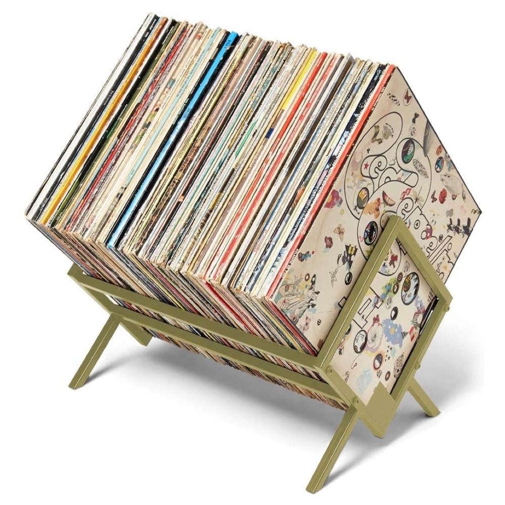 Gold metal vinyl record holder LP storage rack in a muted champagne gold finish
